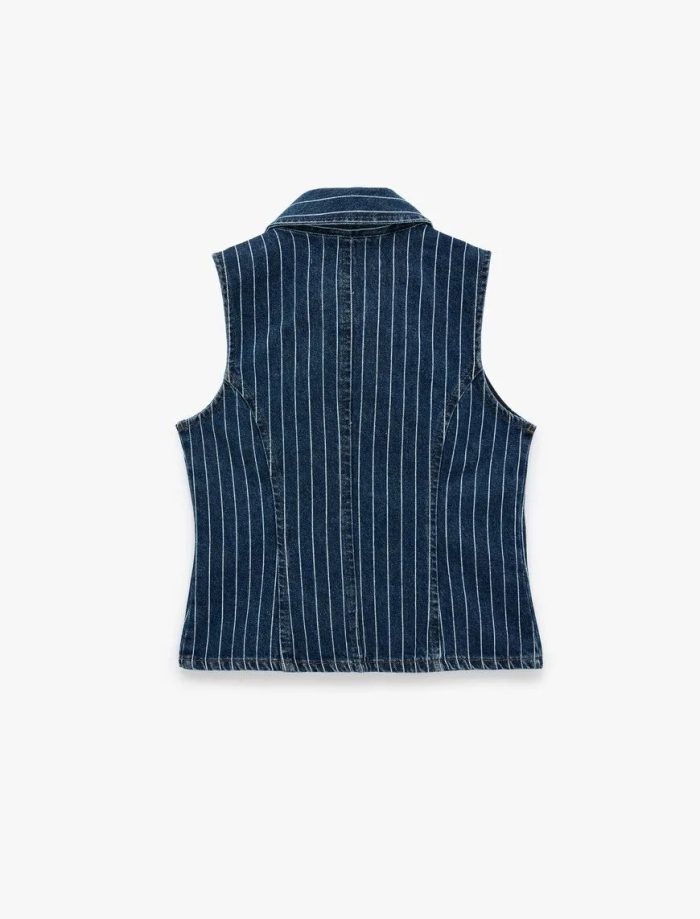 Pamuklu Rahat Kalıp Kolsuz Klasik Yaka Fermuarlı Denim Yelek - Görsel 4
