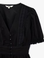 Pamuklu Slim Fit V Yaka Dantelli Kısa Balon Kollu Bluz - Görsel 8