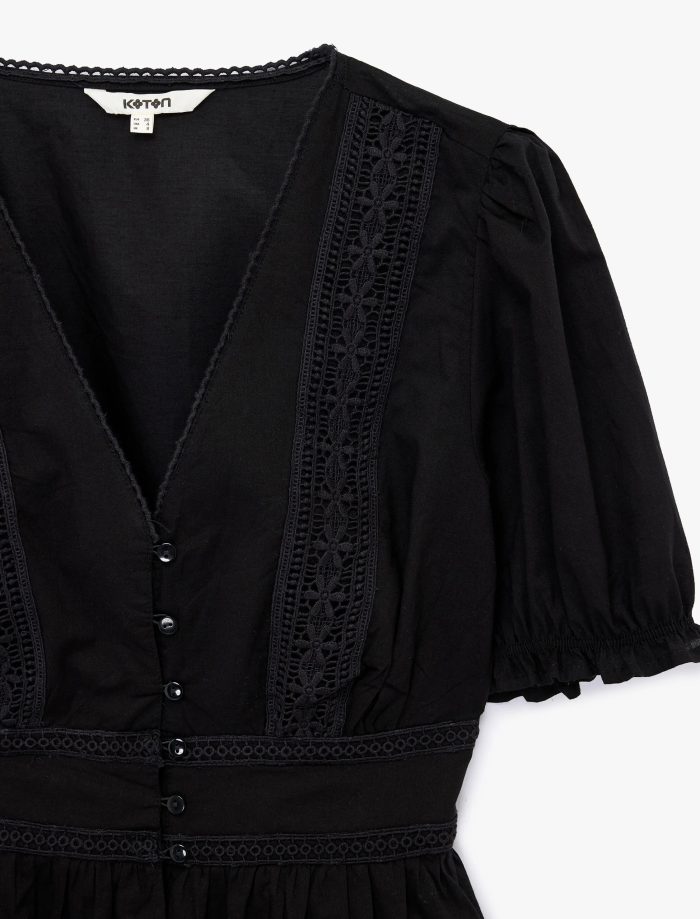 Pamuklu Slim Fit V Yaka Dantelli Kısa Balon Kollu Bluz - Görsel 8