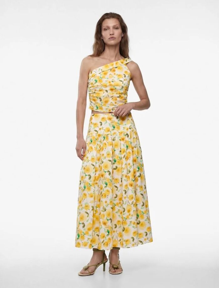 Pamuklu Tek Omuz Çiçekli Poplin Crop Bluz - Görsel 2