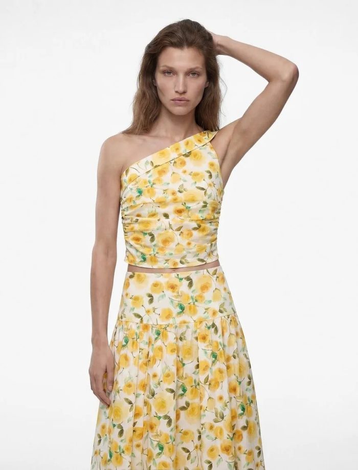 Pamuklu Tek Omuz Çiçekli Poplin Crop Bluz - Görsel 3