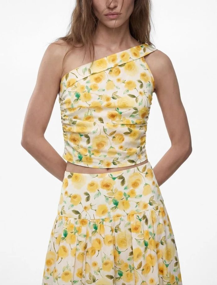 Pamuklu Tek Omuz Çiçekli Poplin Crop Bluz - Görsel 4