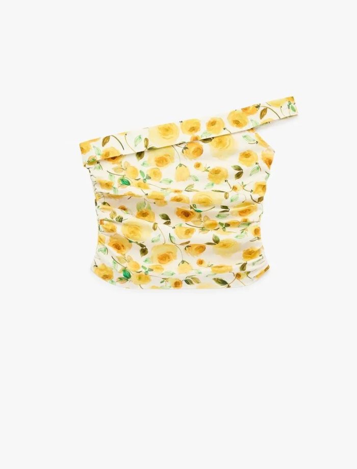 Pamuklu Tek Omuz Çiçekli Poplin Crop Bluz - Görsel 5