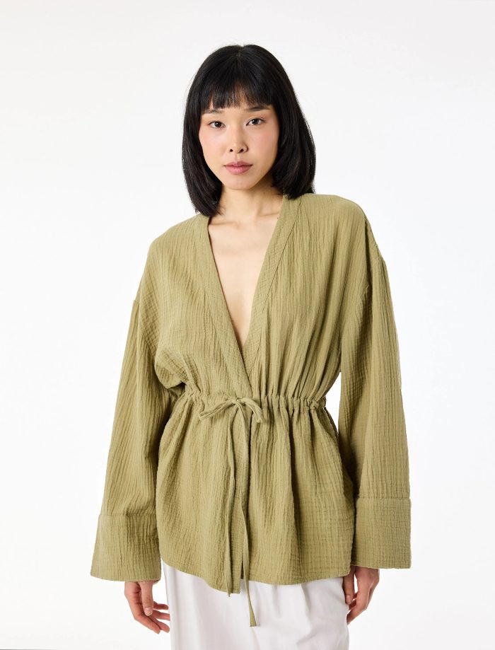 Pamuklu Uzun Kollu Beli Bağlamalı Müslin Kimono - Görsel 2