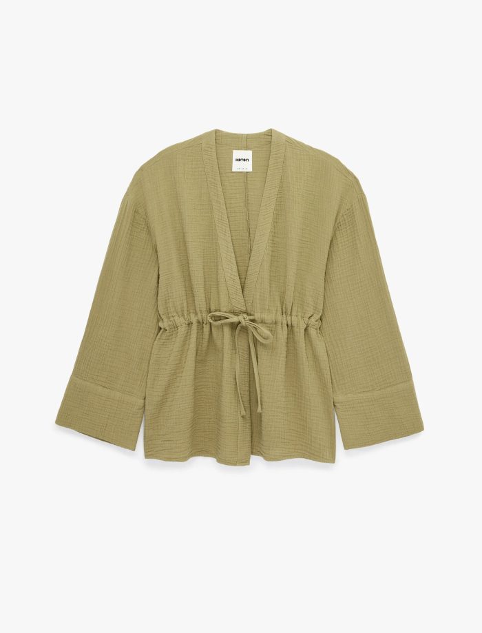 Pamuklu Uzun Kollu Beli Bağlamalı Müslin Kimono - Görsel 3