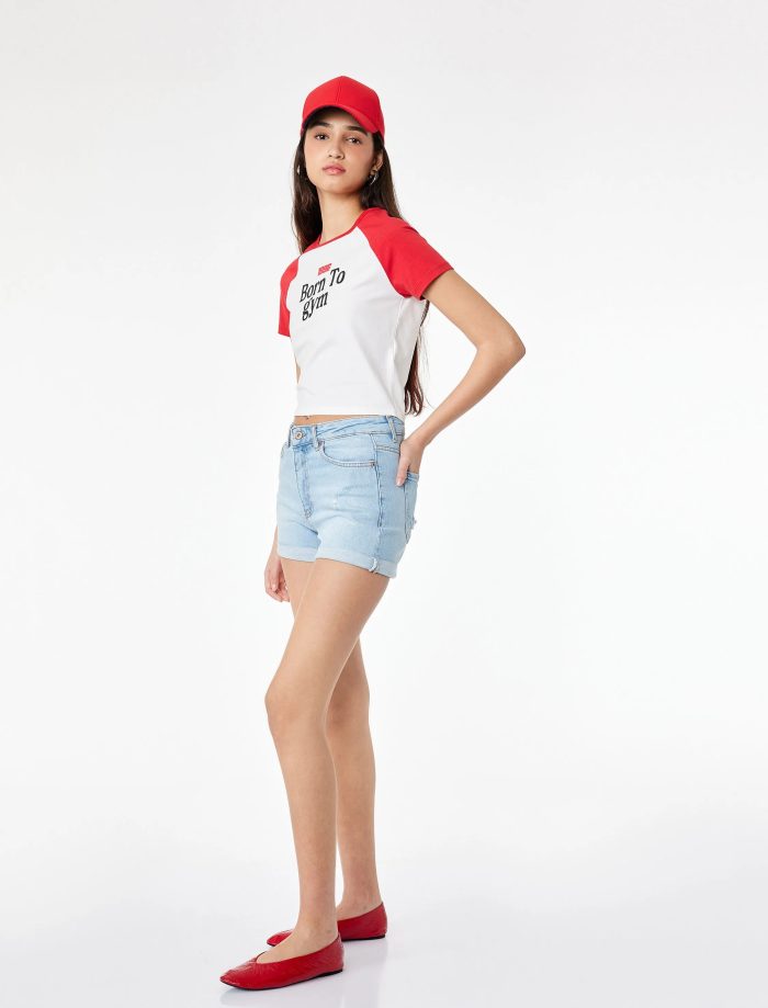 Pamuklu Yüksek Bel Slim Fit Duble Paça Mini Denim Şort - Görsel 2
