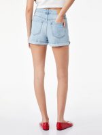 Pamuklu Yüksek Bel Slim Fit Duble Paça Mini Denim Şort - Görsel 4