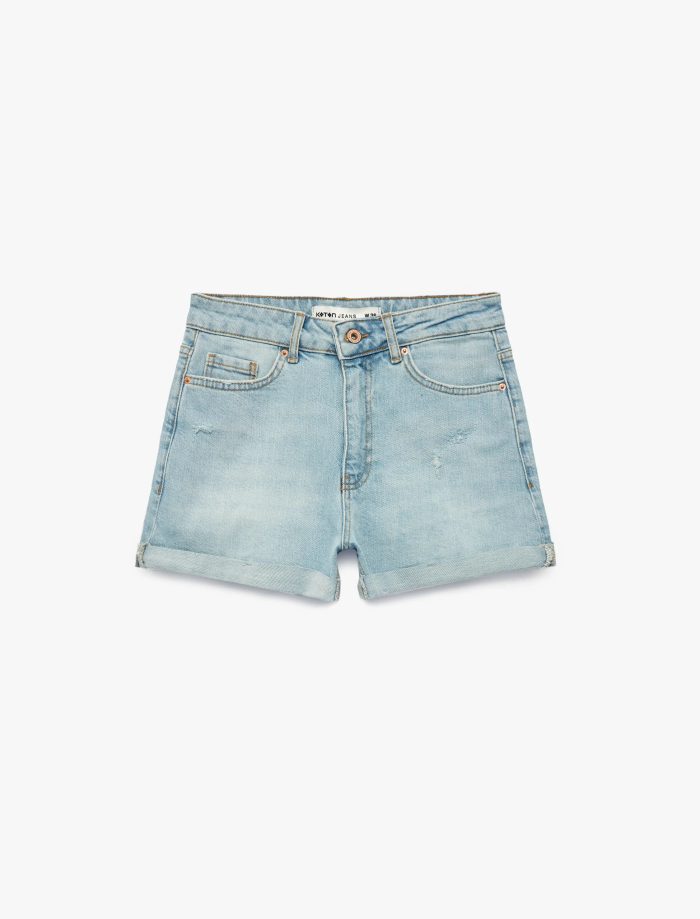 Pamuklu Yüksek Bel Slim Fit Duble Paça Mini Denim Şort - Görsel 5