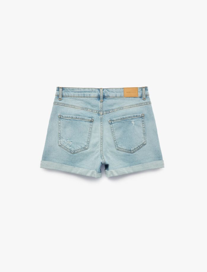 Pamuklu Yüksek Bel Slim Fit Duble Paça Mini Denim Şort - Görsel 6