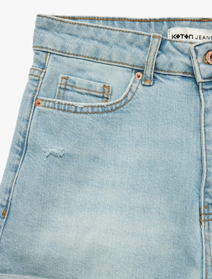 Pamuklu Yüksek Bel Slim Fit Duble Paça Mini Denim Şort - Görsel 7
