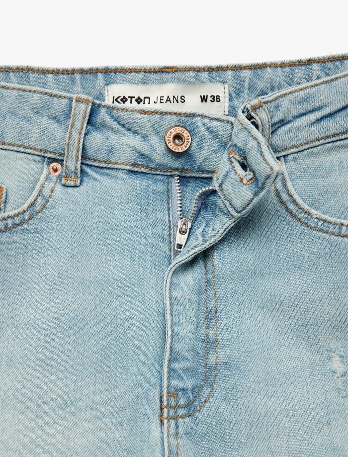 Pamuklu Yüksek Bel Slim Fit Duble Paça Mini Denim Şort - Görsel 8