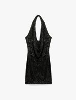 Pullu Payetli Slim Fit Degaje Yaka Kolsuz Mini Abiye Elbise - Görsel 6