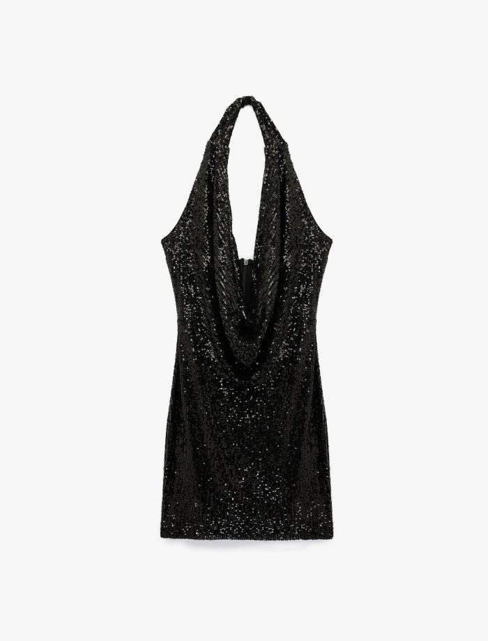 Pullu Payetli Slim Fit Degaje Yaka Kolsuz Mini Abiye Elbise - Görsel 6