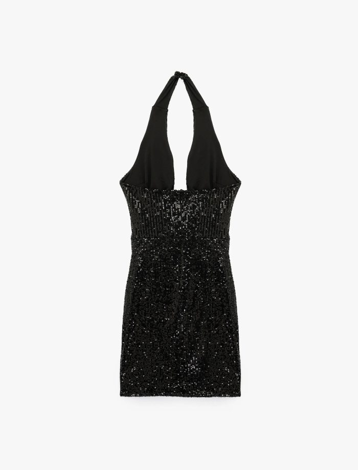 Pullu Payetli Slim Fit Degaje Yaka Kolsuz Mini Abiye Elbise - Görsel 8