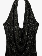 Pullu Payetli Slim Fit Degaje Yaka Kolsuz Mini Abiye Elbise - Görsel 10