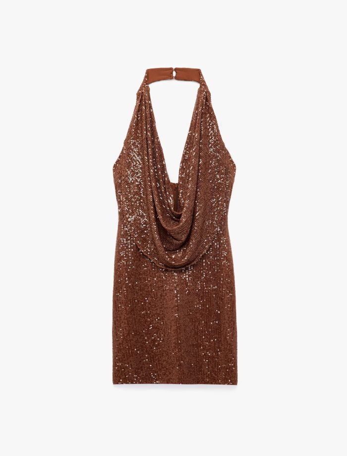 Pullu Payetli Slim Fit Degaje Yaka Kolsuz Mini Abiye Elbise - Görsel 7