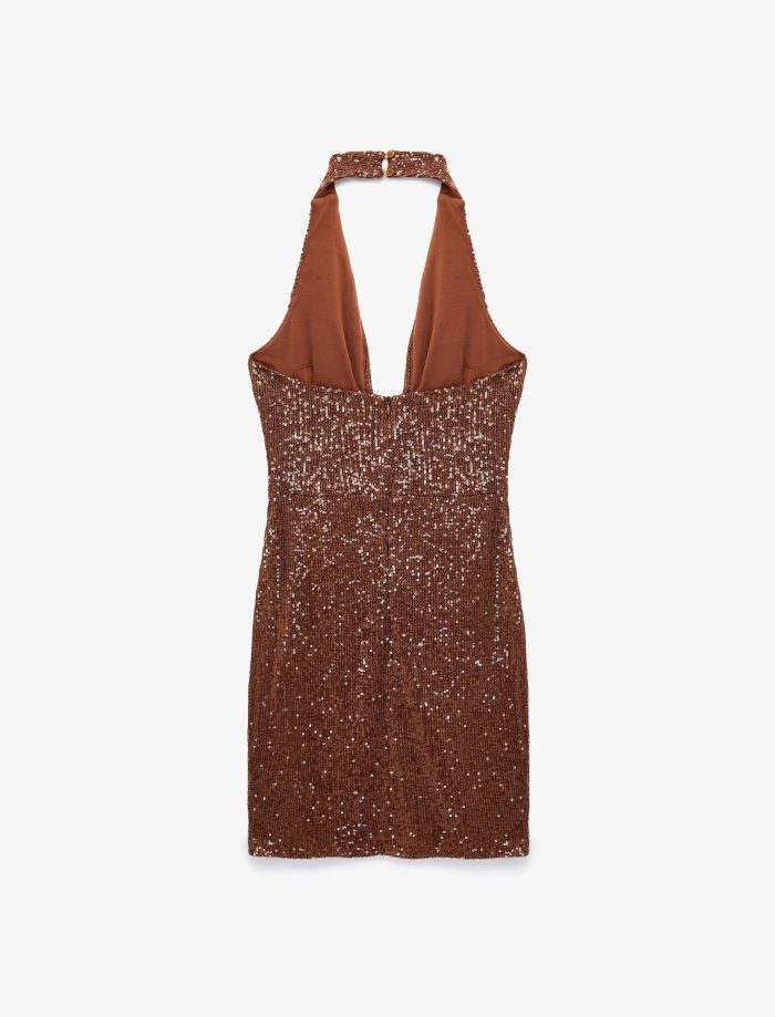 Pullu Payetli Slim Fit Degaje Yaka Kolsuz Mini Abiye Elbise - Görsel 9