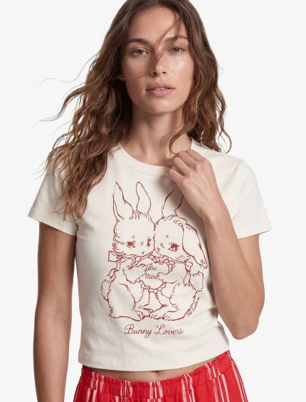 Sibil Çetinkaya - Slim Fit Kısa Kollu Bisiklet Yaka Tavşan Baskılı Crop Tişört