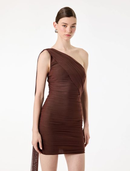 Slim Fit Drapeli Tek Omuz Mini Bodycon Elbise