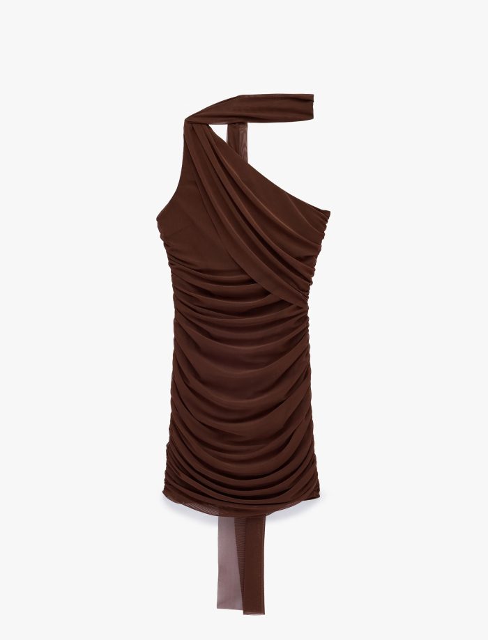 Slim Fit Drapeli Tek Omuz Mini Bodycon Elbise - Görsel 3