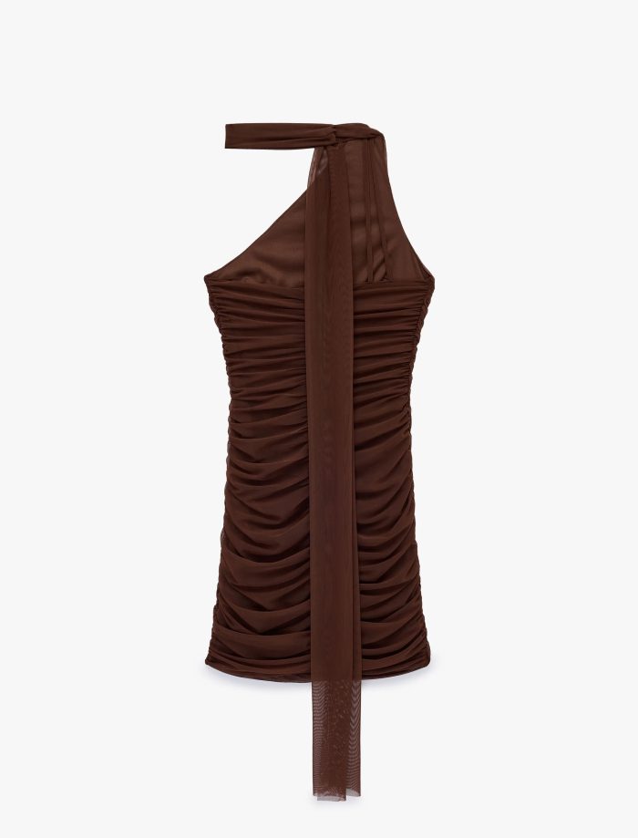 Slim Fit Drapeli Tek Omuz Mini Bodycon Elbise - Görsel 4
