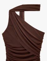 Slim Fit Drapeli Tek Omuz Mini Bodycon Elbise - Görsel 5