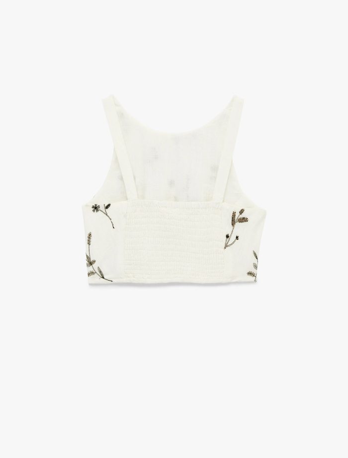 Slim Fit Floral Nakış Detaylı Brodeli Halter Yaka Crop Büstiyer - Görsel 2