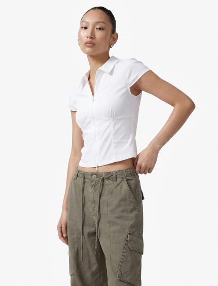 Slim Fit Kısa Kollu Klasik Yaka Fermuarlı Crop Gömlek