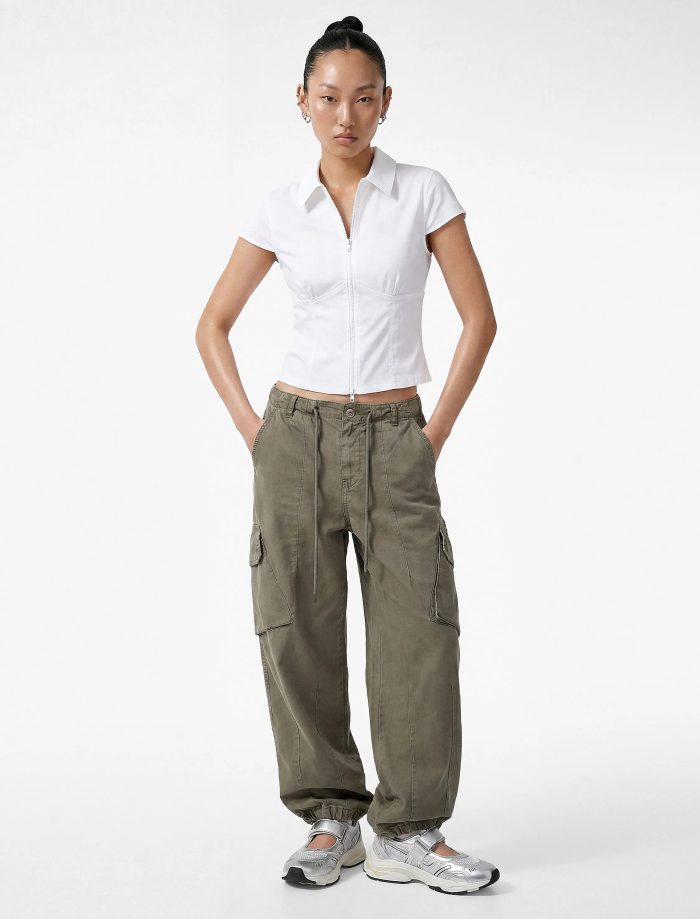 Slim Fit Kısa Kollu Klasik Yaka Fermuarlı Crop Gömlek - Görsel 2