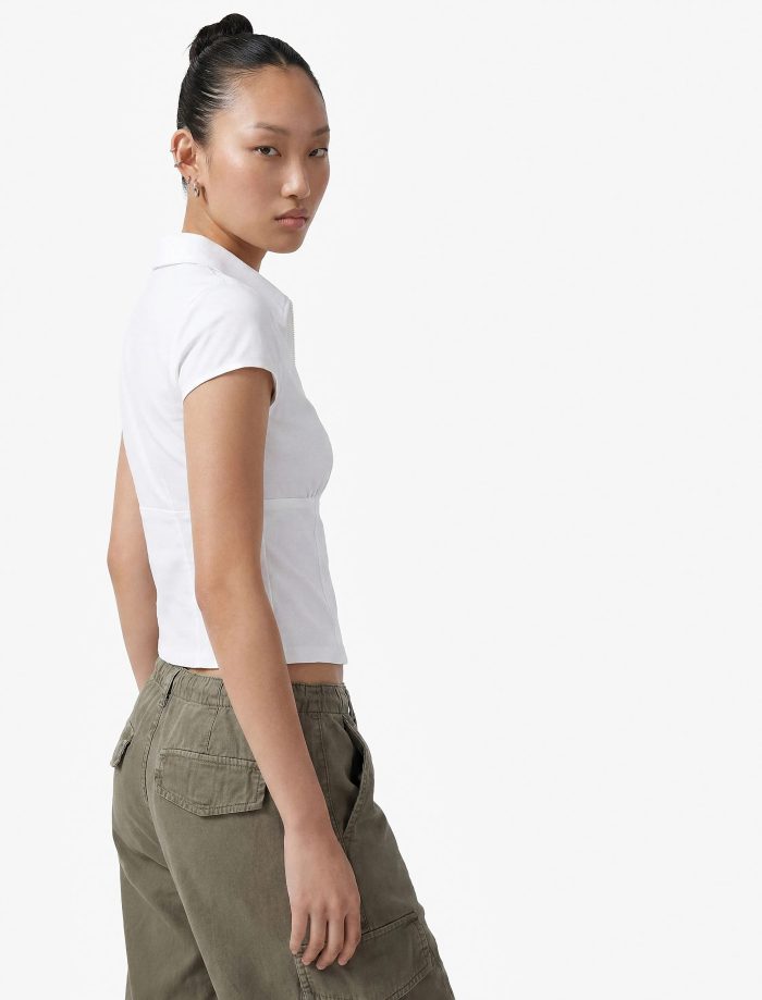 Slim Fit Kısa Kollu Klasik Yaka Fermuarlı Crop Gömlek - Görsel 3