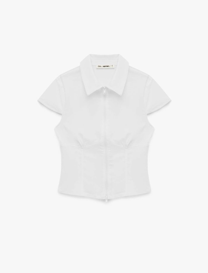 Slim Fit Kısa Kollu Klasik Yaka Fermuarlı Crop Gömlek - Görsel 4