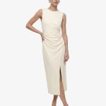 Slim Fit Kolsuz Bisiklet Yaka Drapeli Midi Abiye Elbise