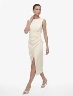 Slim Fit Kolsuz Bisiklet Yaka Drapeli Midi Abiye Elbise - Görsel 2