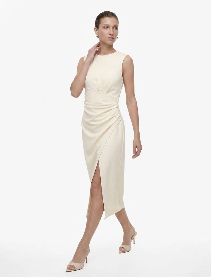 Slim Fit Kolsuz Bisiklet Yaka Drapeli Midi Abiye Elbise - Görsel 2