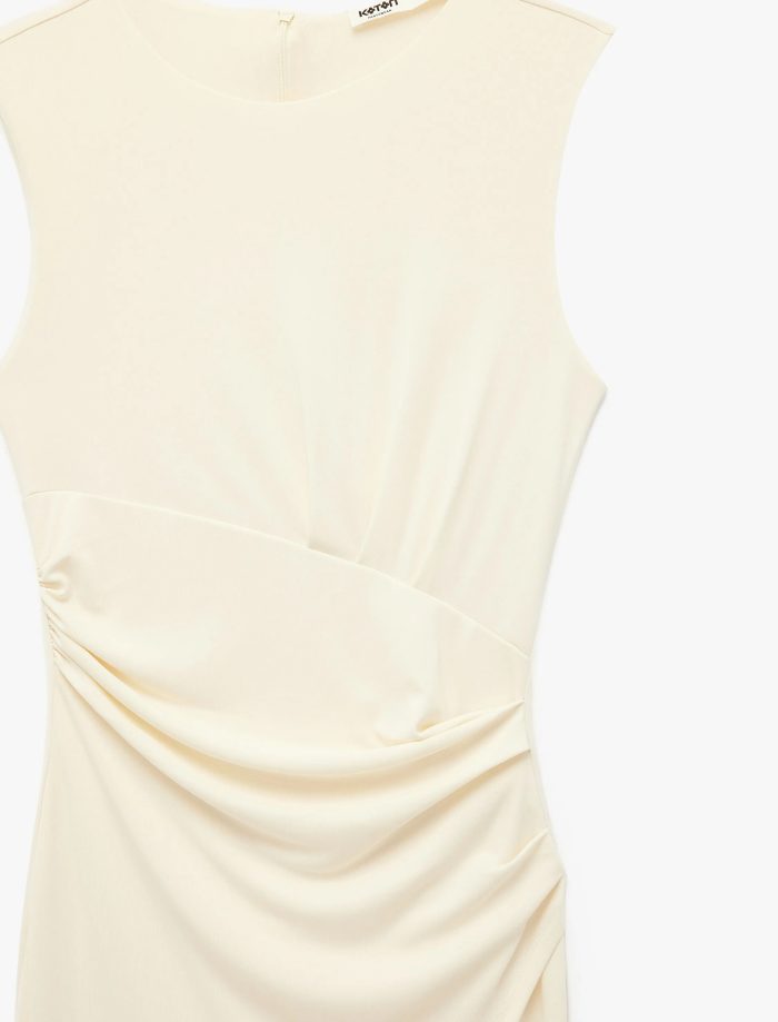 Slim Fit Kolsuz Bisiklet Yaka Drapeli Midi Abiye Elbise - Görsel 5