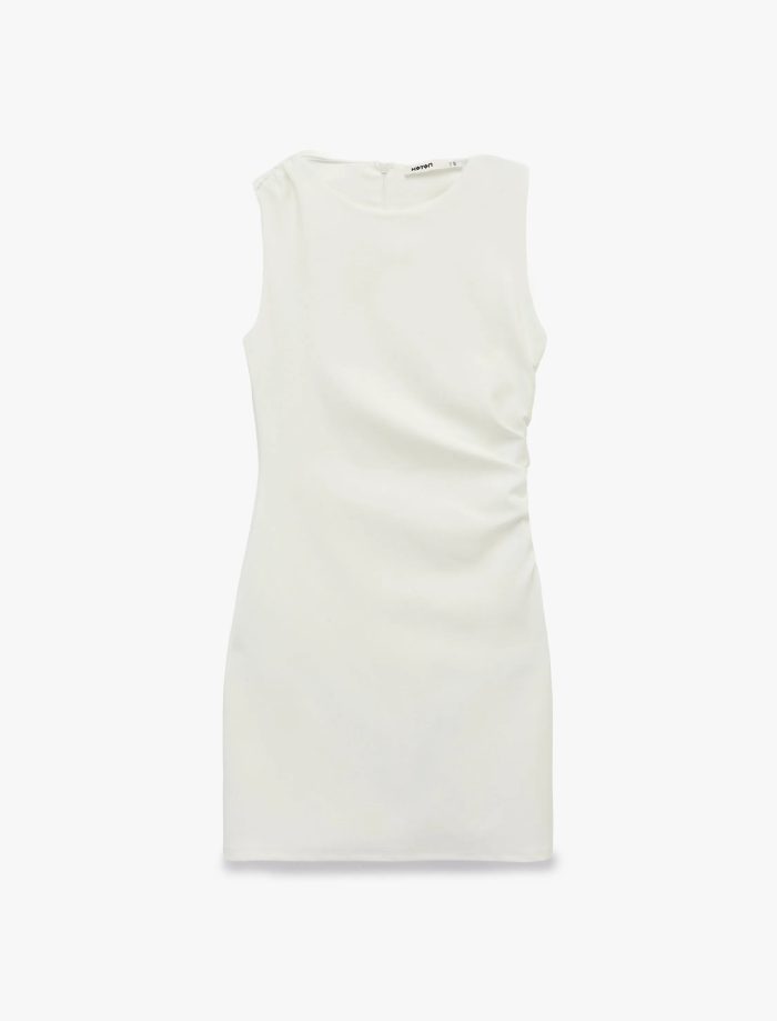 Slim Fit Kolsuz Drape Detaylı Bisiklet Yaka Mini Elbise - Görsel 3