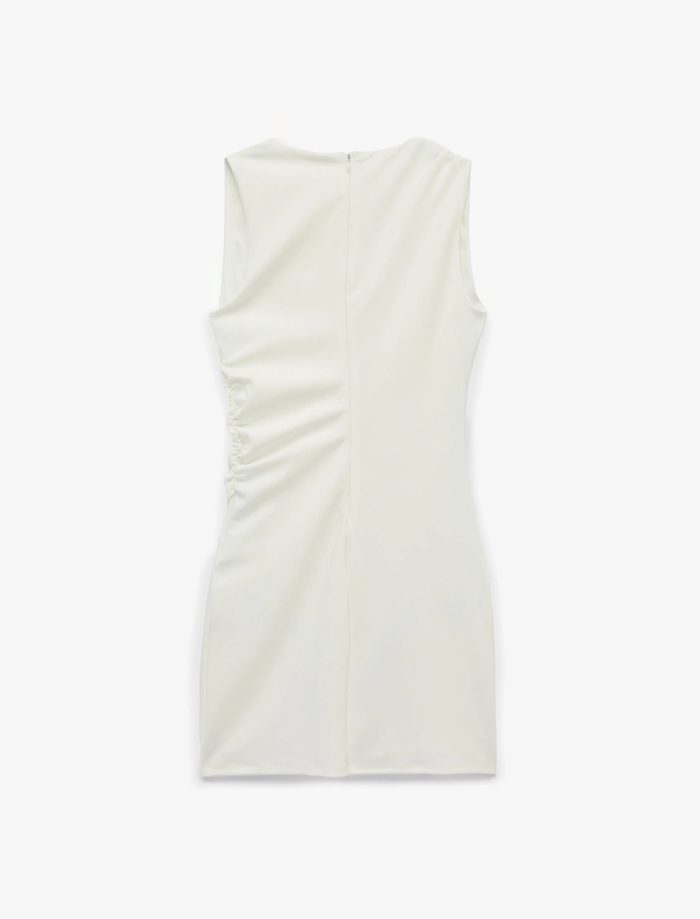 Slim Fit Kolsuz Drape Detaylı Bisiklet Yaka Mini Elbise - Görsel 4