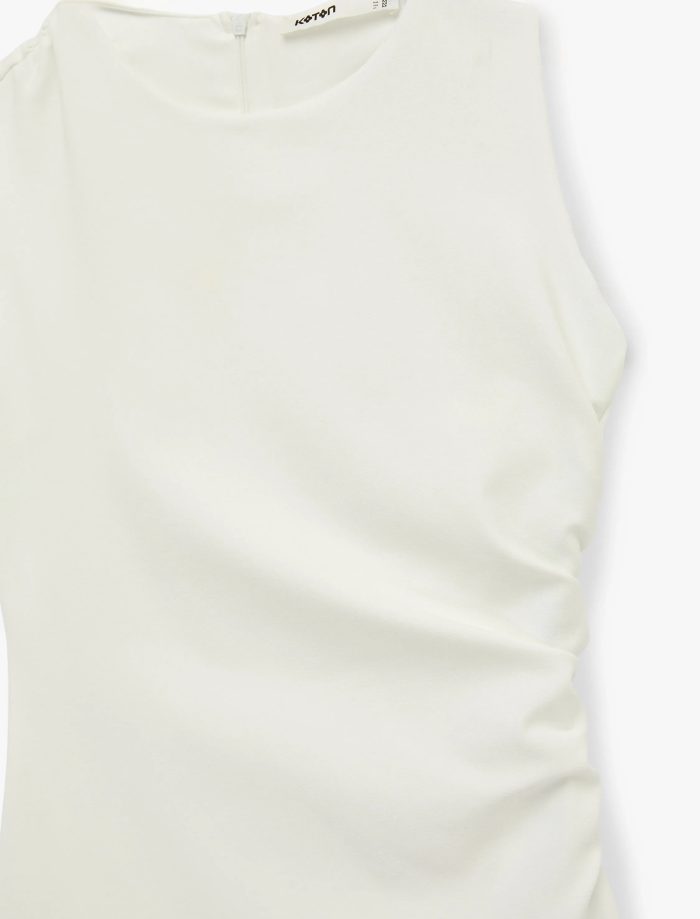 Slim Fit Kolsuz Drape Detaylı Bisiklet Yaka Mini Elbise - Görsel 5