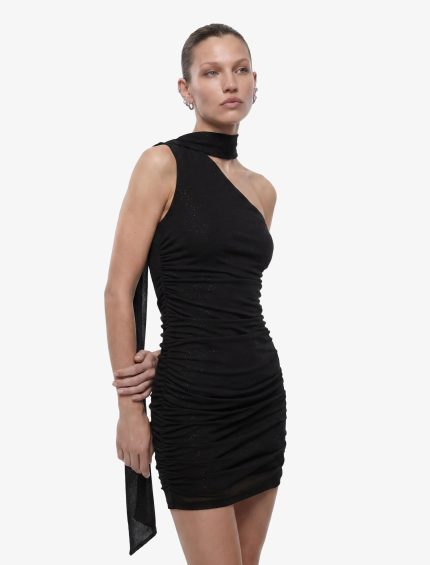 Tek Omuz Tül Detaylı Slim Fit Bodycon Mini Abiye Elbise