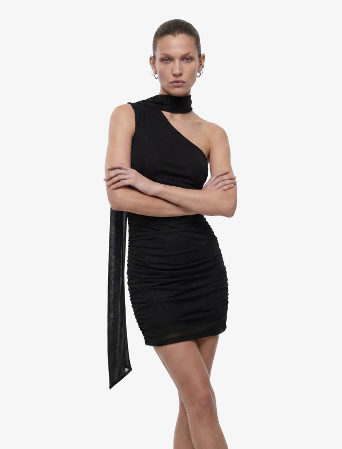 Tek Omuz Tül Detaylı Slim Fit Bodycon Mini Abiye Elbise - Görsel 2