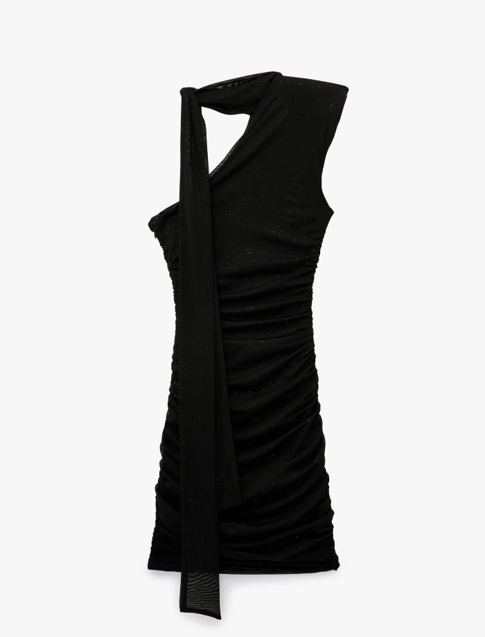 Tek Omuz Tül Detaylı Slim Fit Bodycon Mini Abiye Elbise - Görsel 6