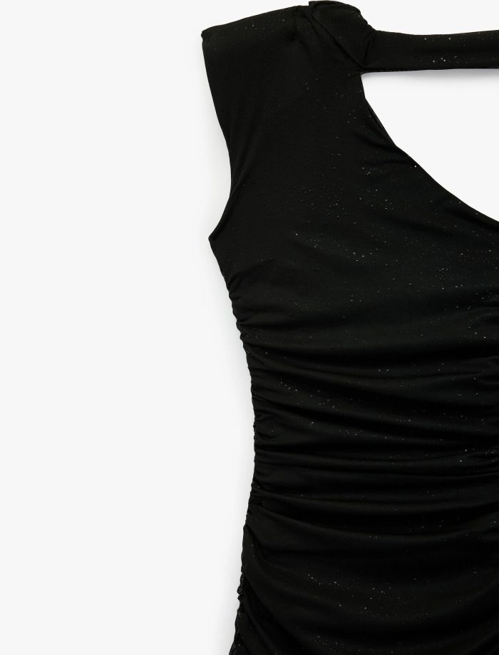 Tek Omuz Tül Detaylı Slim Fit Bodycon Mini Abiye Elbise - Görsel 7