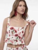 Viskon Kumaş Slim Fit Kare Yaka Kalın Askılı Çiçekli Crop Bluz - Görsel 3