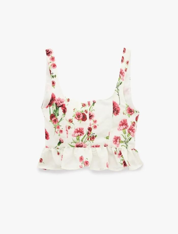 Viskon Kumaş Slim Fit Kare Yaka Kalın Askılı Çiçekli Crop Bluz - Görsel 5