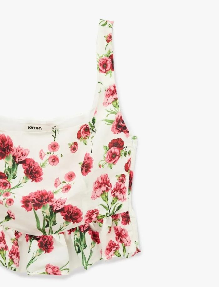 Viskon Kumaş Slim Fit Kare Yaka Kalın Askılı Çiçekli Crop Bluz - Görsel 6