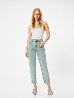 Yüksek Bel İspanyol Paça Düğmeli Slim Fit Cepli Kot Pantolon - Flare Jeans