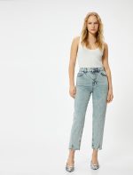 Yüksek Bel İspanyol Paça Düğmeli Slim Fit Cepli Kot Pantolon - Flare Jeans - Görsel 2
