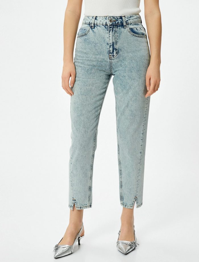 Yüksek Bel İspanyol Paça Düğmeli Slim Fit Cepli Kot Pantolon - Flare Jeans - Görsel 3
